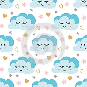 Cute sky pattern. Seamless vector design with smiling, sleeping moon, hearts, stars and clouds. Baby illustration