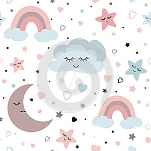 Cute sky seamless pattern Baby vector design with smiling sleeping moon hearts stars rainbow clouds. Baby illustration