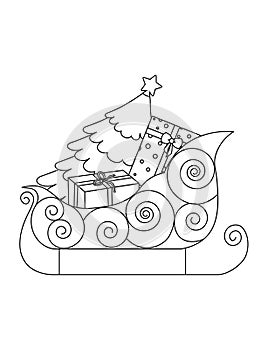 Cute sled with Christmas tree and gifts. Black and white Christmas coloring page