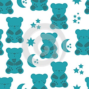 Cute sleep gummies stars moon vector seamless pattern background. Backdrop with blue green sleepy gummy bears and