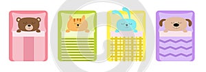 Cute sleeping animal set line. Cat, bear, dog rabbit, hare and bunny. Bed, blanket and pillow. Baby background. Flat design