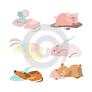 Cute Sleeping Animals Lying on Pillow Having Bedtime Rest Vector Set