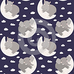 Cute sleeping animals, moon seamless pattern