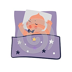 Cute sleeping baby in cot. Flat cartoon vector illustration with newborn baby, modern design. Vector illustration about