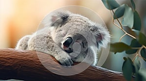 Cute Sleeping Baby Koala Bear in Queensland Australia sitting in Eucalyptus Tree. generative ai