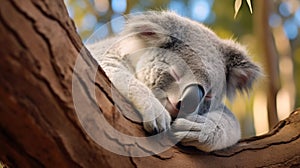 Cute Sleeping Baby Koala Bear in Queensland Australia sitting in Eucalyptus Tree. generative ai