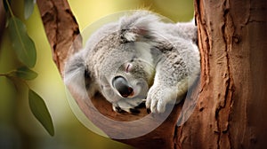 Cute Sleeping Baby Koala Bear in Queensland Australia sitting in Eucalyptus Tree. generative ai