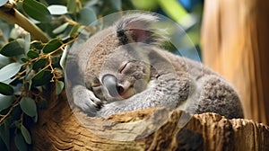 Cute Sleeping Baby Koala Bear in Queensland Australia sitting in Eucalyptus Tree. generative ai