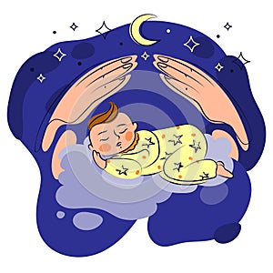 Cute sleeping baby in pajamas on clouds with mother's hands above him against a blue sky with moon and stars vector