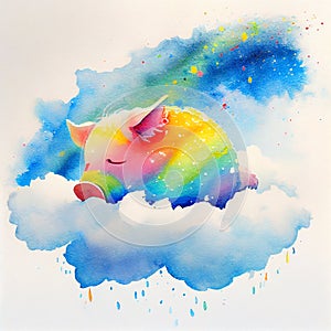 Cute sleeping baby pig piglet rainbow
