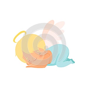 Cute Sleeping Boy Angel with Nimbus and Wings, Lovely Baby Cartoon Character in Cupid or Cherub Costume Vector