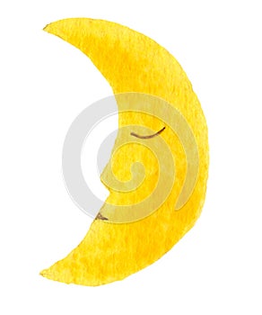 Cute sleeping cartoon moon. Hand drawn watercolor illustration cartoon moon isolated on white.