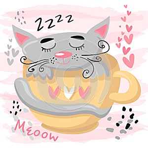 Cute sleeping cat baby animal. Nursery vector cartoon sleep animal grey cat, cute print illustration.