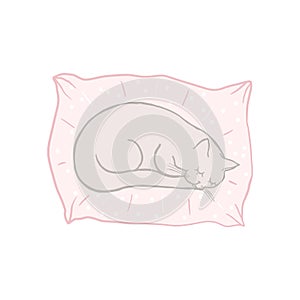 Cute sleeping cat on the pillow. Baby doodle. Cartoon character blue cat, childish illustration. Hand drawn vector