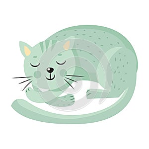 Cute sleeping cat on white background. Cartoon Animal character vector in flat style.