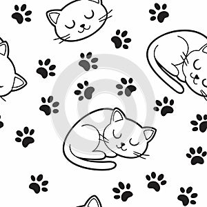 Cute Sleeping Cats and Paw Prints Seamless Vector Pattern