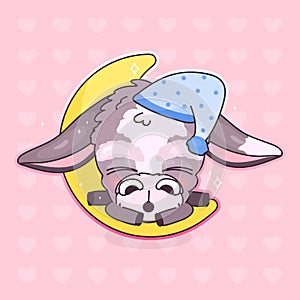 Cute sleeping donkey kawaii cartoon vector character. Adorable and funny sleeping animal in night cap isolated sticker, patch.