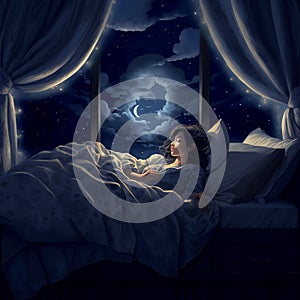 Cute sleeping girl in the moonlight. Young woman in bed at night with moon and stars in the background