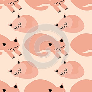 Cute sleeping kawaii cats vector seamless pattern background. Salmon pink backdrop with curled up and stretched out