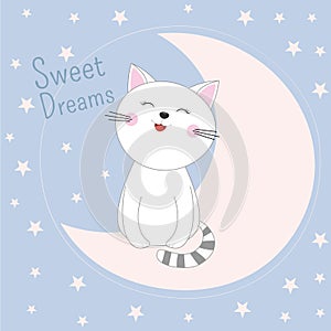 Cute sleeping kitty sitting in moon. Sweet dreams design element