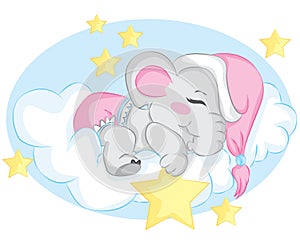 Cute sleeping little elephant on the cloud