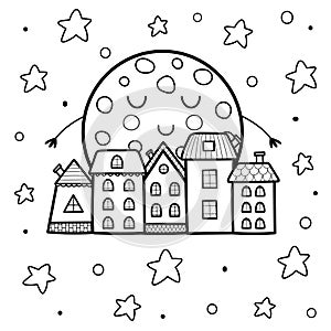 Cute sleeping moon and night town landscape coloring page. Good night background