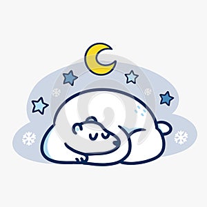 Cute Sleeping Polar Bear At Winter Night Illustration