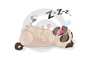 Cute sleeping pug dog with text. Vector hand drawn cartoon illustration. Isolated on white background.