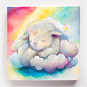 Cute sleeping sheep lamb rainbow