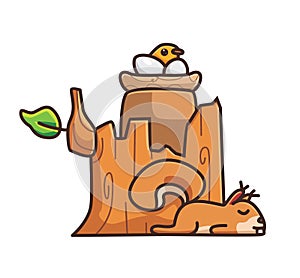 cute sleeping squirrel near tree trunk bird nest eggs hatching. cartoon animal nature concept Isolated illustration. Flat Style