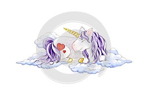 Cute sleeping unicorn in the clouds  watercolor illustration. Hand drawn fairytale sleeping cartoon unicorn character with two red