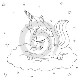 Cute Sleeping Unicorn Coloring Page for Kids Vector Design