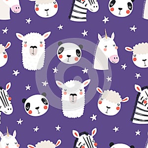 Cute sleepy animals seamless pattern