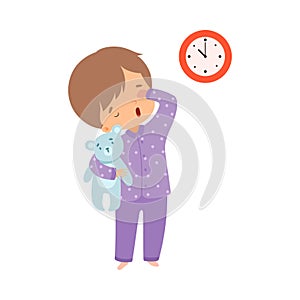 Cute Sleepy Boy Wearing Pajamas Standing with Teddy Bear, Preschool Kid Daily Routine Activity Cartoon Vector