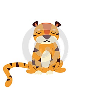 Cute sleepy cartoon tiger sits on four legs, isolated on a white background