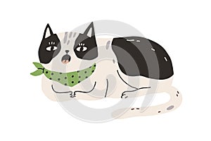 Cute sleepy cat yawning or meowing. Funny lazy bored kitty lying and resting. Sweet spotty kitten drawn in doodle style