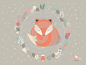 Cute sleepy Christmas fox surrounded with floral decoration