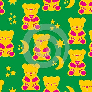 Cute sleepy kawaii bears, stars moon vector seamless pattern background. Tropical color backdrop with pink orange teddy