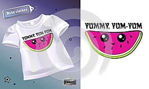 Cute slice of watermelon with eyes on a T-shirt.