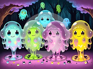 Cute Slime Creatures Ghosts, Generative AI Illustration