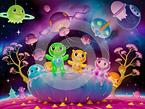 Cute Slime Creatures in Outerspace, Generative AI Illustration photo