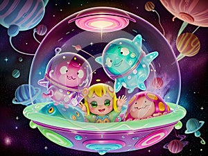 Cute Slime Creatures in Outerspace, Generative AI Illustration photo