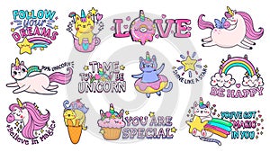 Cute slogan patches. Time to be unicorn, shine like star and follow your dreams signs with happy cat, sweet candies and photo