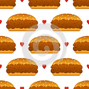 Cute sloppy joe sandwiches, burgers with minced meat and red hearts vector seamless pattern background