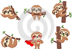 Cute Sloth Cartoon Characters. Vector Flat Design Collection Set