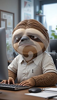 Cute sloth character working at desk in office environment
