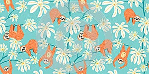 Cute sloth on floral tree pattern design. Seamless background funny lazy animal