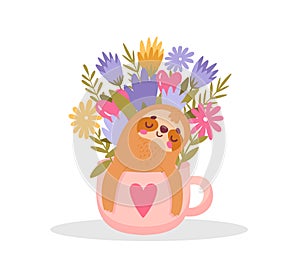 Cute sloth in flower cup, decor in interior