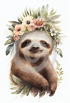 Cute sloth with flowers crown, wildlife Baby animal poster. Watercolor illustration animal cartoon drawing art. Retro