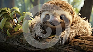 Cute sloth hanging on tree branch with funny face look. generative ai